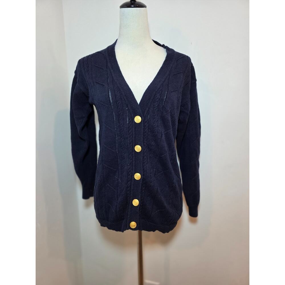 Vintage Cable Knit Cardigan Sweater Sz M Cotton Navy V Neck